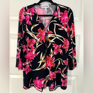 Joseph Ribkoff Top, Black/Pink with Flower Pattern, Size 8